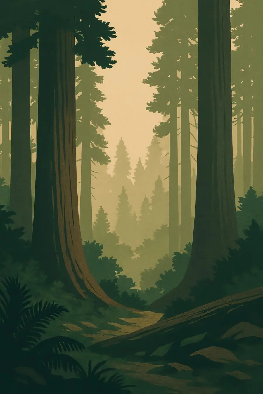 Illustrated landscape plate: Redwood, North America