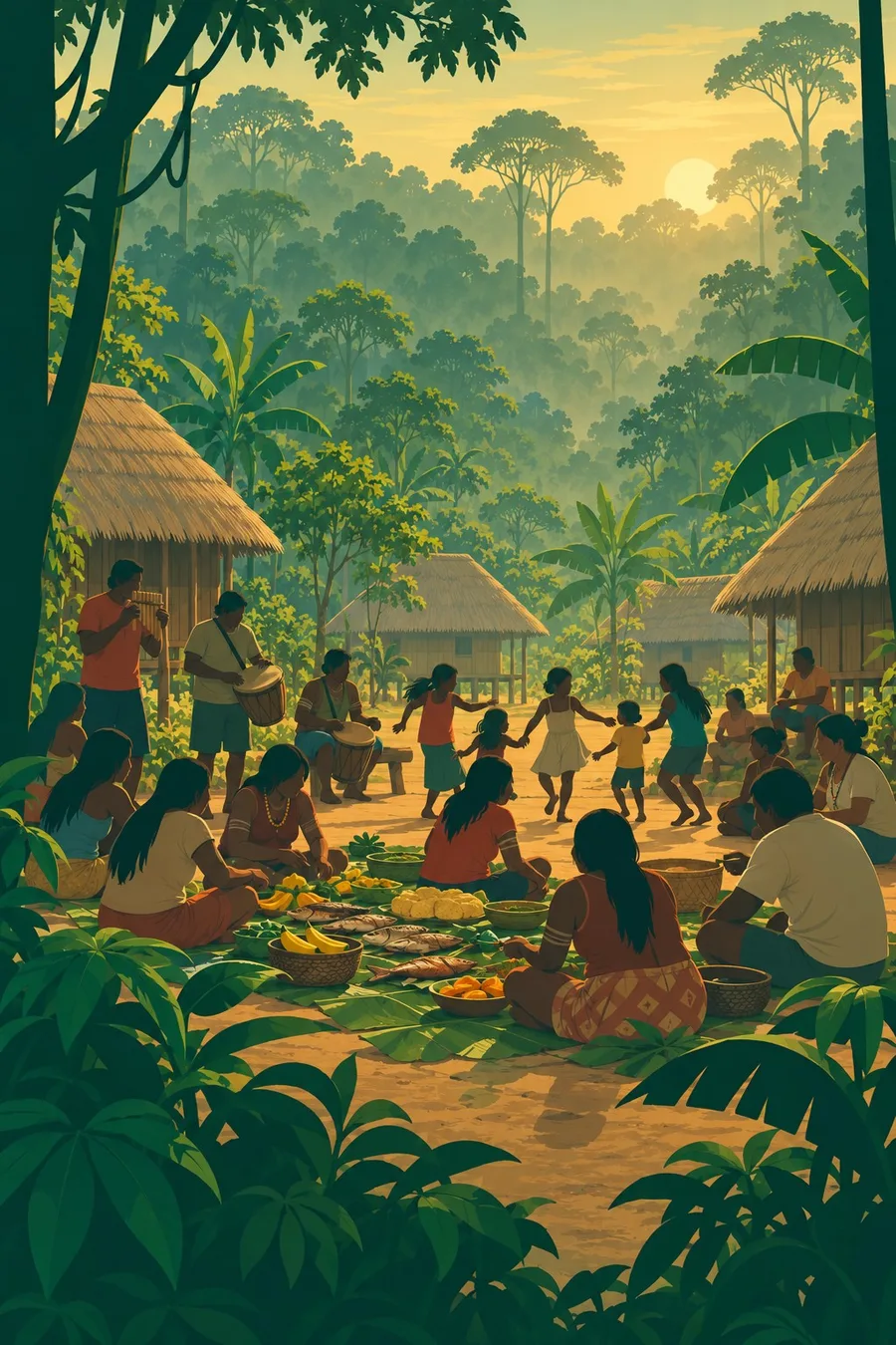 Villagers share a meal of fish, manioc and fruit on leaves in the village plaza, with music.