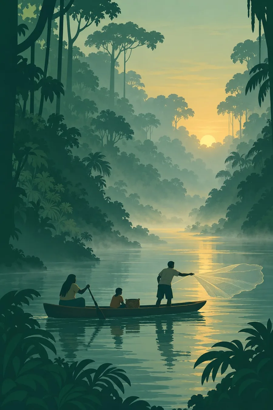 Illustration: An Indigenous family on a dark river at dawn in a long wooden dugout canoe