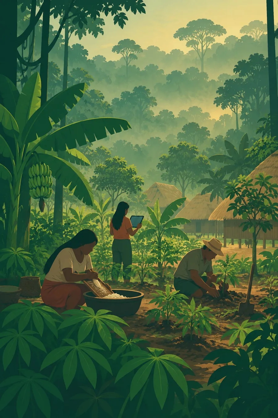 Illustration: Members of an Indigenous community tending a forest garden of manioc, plantain and fruit trees at the edge of a village of thatched houses