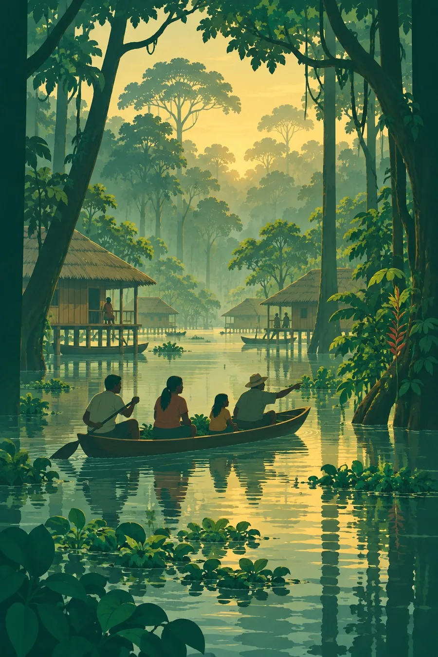 A family paddles a canoe through flooded forest between houses on stilts.