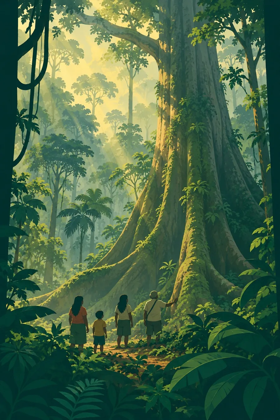 A family at the foot of a giant kapok tree, an elder's hand on its buttress roots.