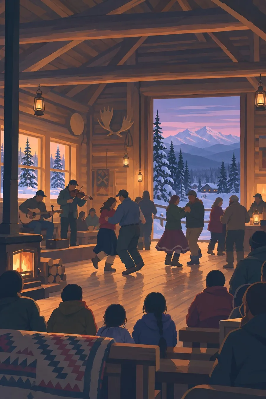 Couples and elders dance to fiddle music in a log community hall on a winter night.