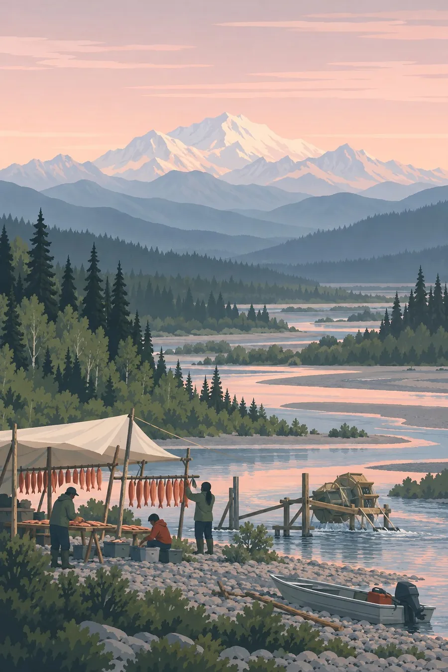 Illustration: An Athabascan family at a summer fish camp on a broad braided river: split salmon drying on wooden racks under a canvas shelter, a fish wheel turning in the current, a small skiff 