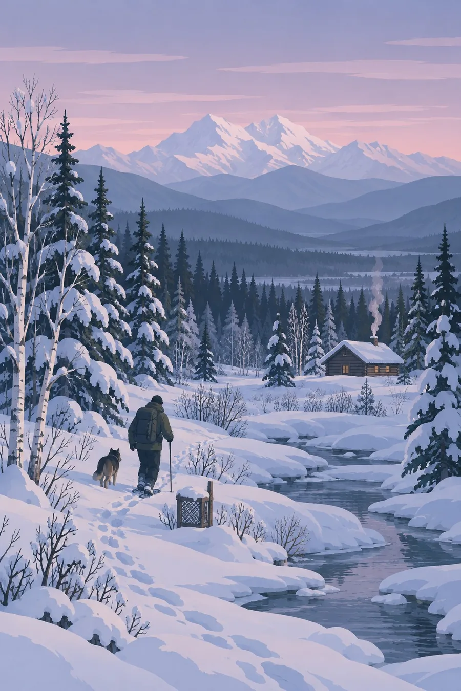 Illustration: Winter in the interior: a person on snowshoes checking a trapline along a frozen creek, a small log cabin with smoke from the chimney, birch and spruce trees heavy with snow, the h