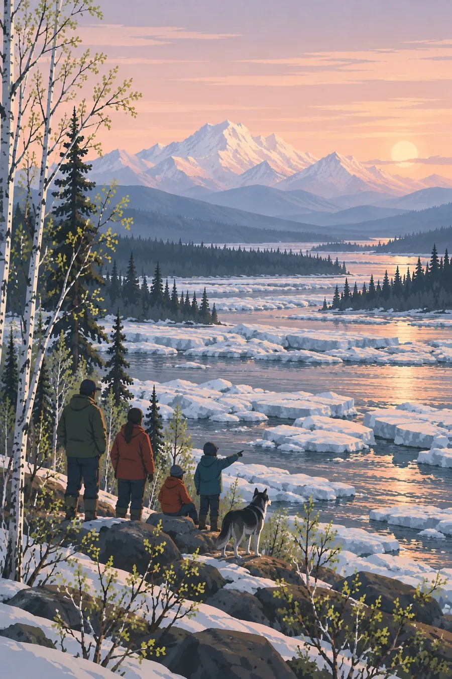 Villagers on a riverbank watch the spring ice break up and move downstream.