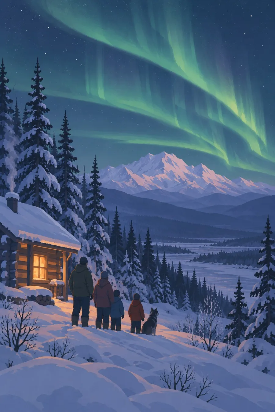 A family outside their log cabin looks up at green northern lights over the forest.