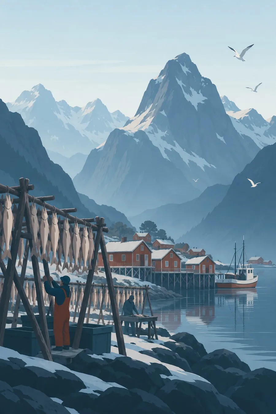 Illustration: Fishing families hanging pairs of cod on tall wooden drying racks beside a fjord village of small red fishermen's cabins on stilts, sheer granite peaks rising behind, late-winter l