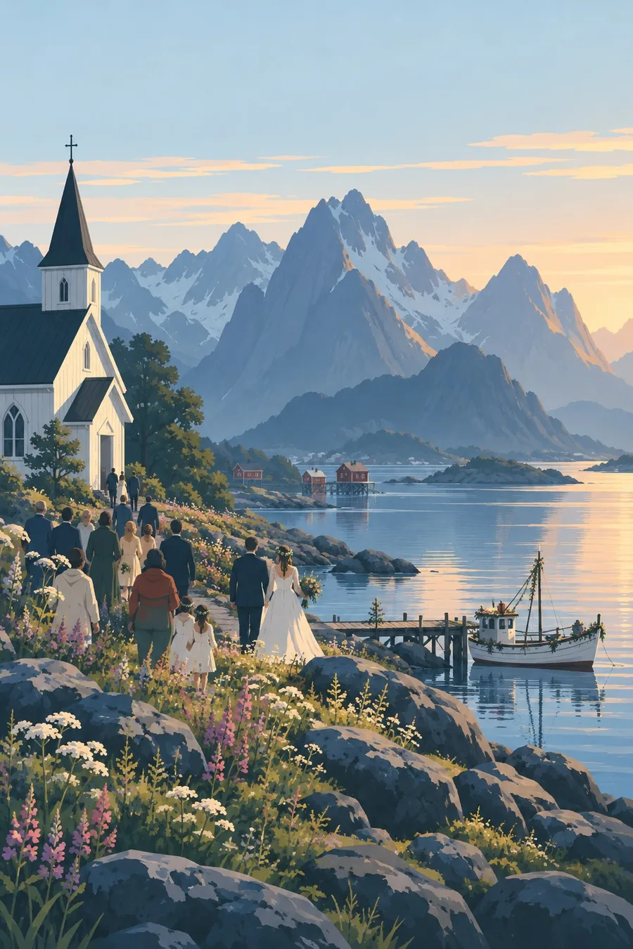 A wedding party walks from a small white church along the shore under granite peaks.