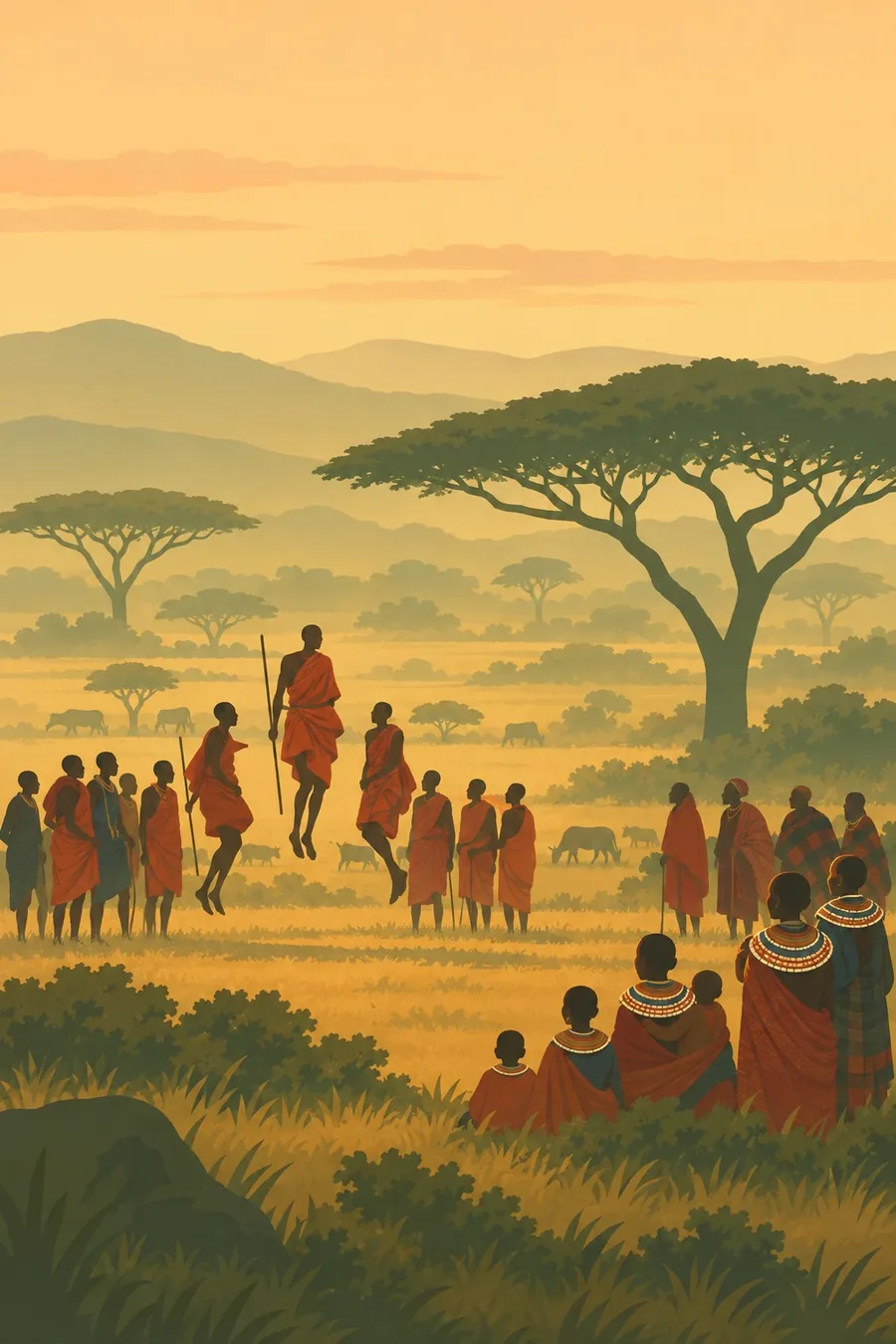 Young Maasai men leap in a jumping dance while women in beaded collars sing.