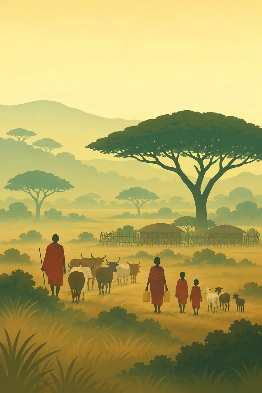 Illustration: Maasai herders in the early morning walking slowly with a herd of cattle toward a homestead ringed by a fence of acacia-thorn branches