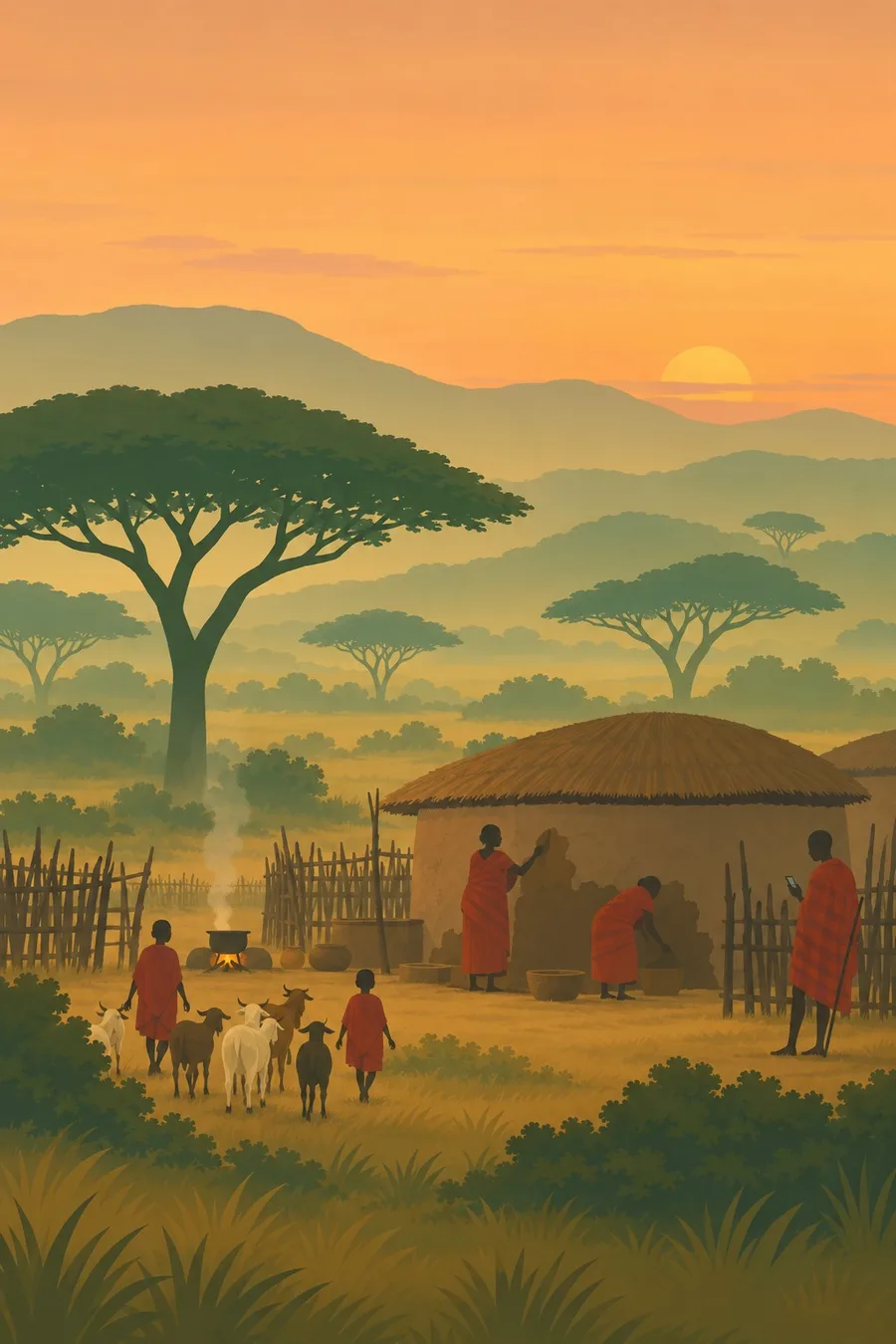 Illustration: Evening in a Maasai homestead (enkang): two women re-plastering the wall of a low round house, smoke rising from a cooking fire, children bringing in goats, a young man in a shuka 