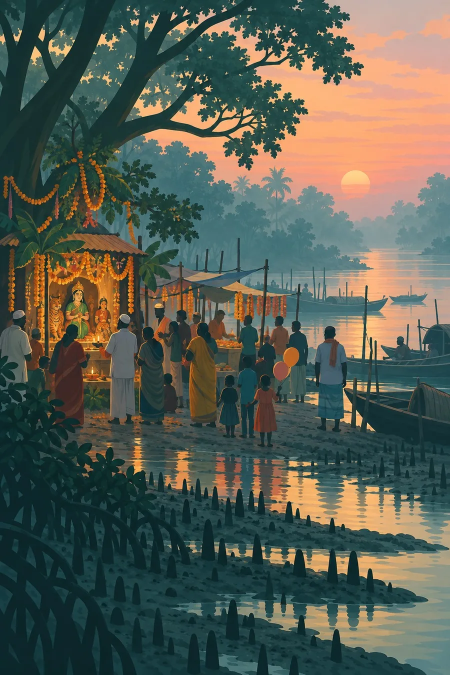 Villagers gather at a small decorated forest shrine with marigold garlands by the river.