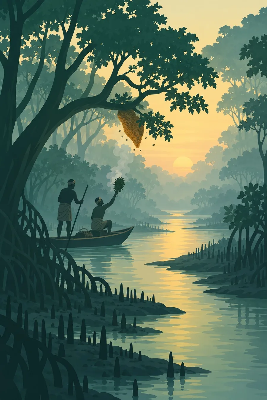 Illustration: Honey gatherers (mawali) in a small wooden boat on a narrow mangrove channel at dawn