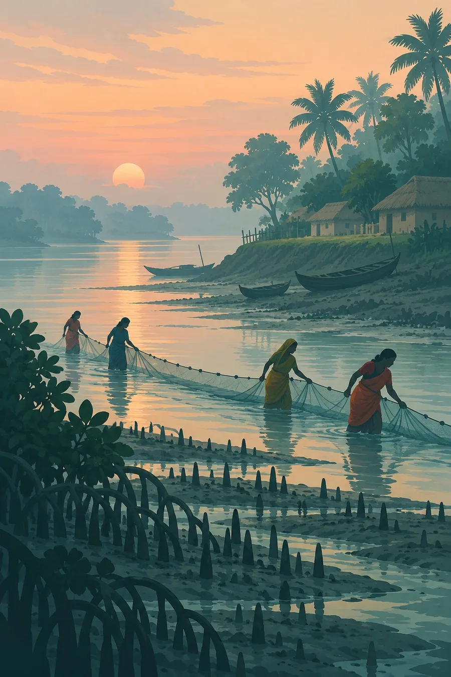 Illustration: Women in saris wading at the river's edge pulling a fine net for shrimp seed at low tide
