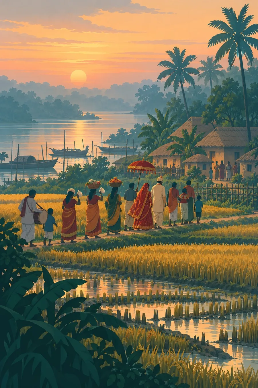 A wedding procession walks between golden rice fields behind the river embankment.