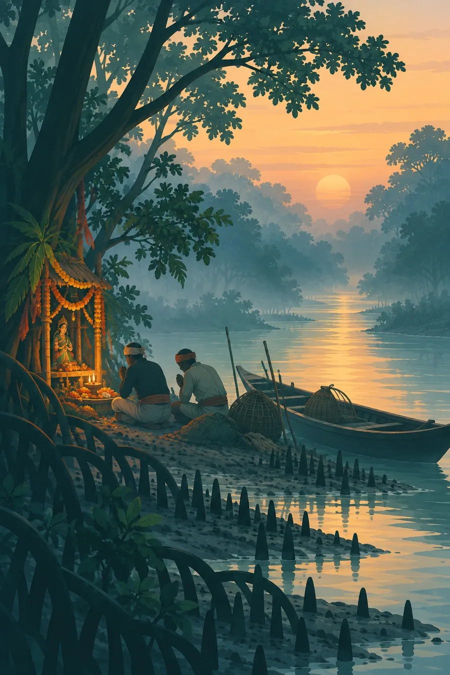Two honey gatherers leave flowers and a lamp at a small riverside shrine at dawn.